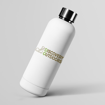 brown and green Discovery Outdoors Logo on a white water bottle