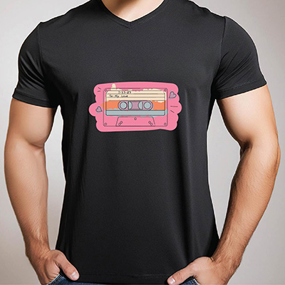 A pink, orange, blue, and purple cassette design on a black t-shirt